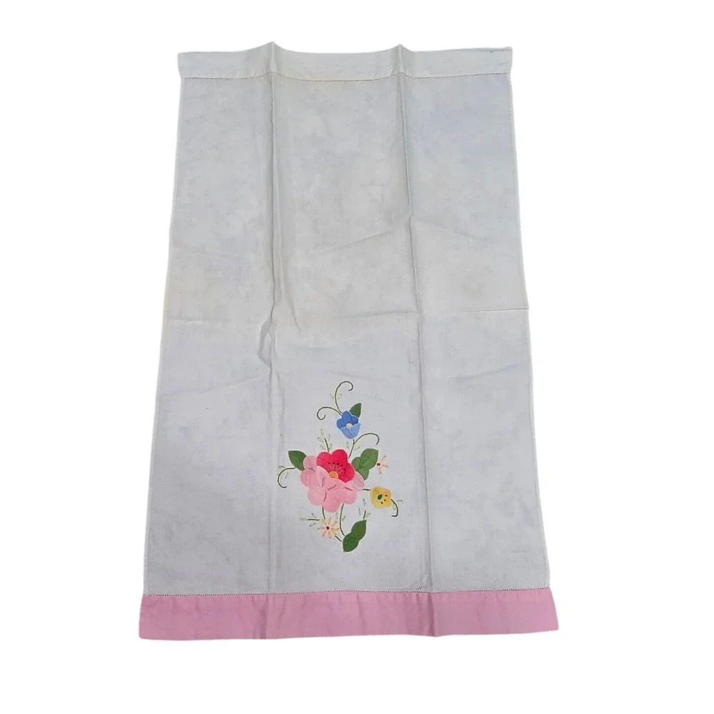 Vintage‎ Linen Tea Towel Pink Floral Hand Embroidered White Kitchen Decor